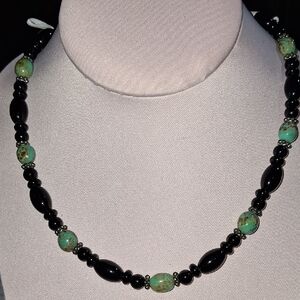 Elegant Black Onyx and Green Turquoise Beaded Necklace